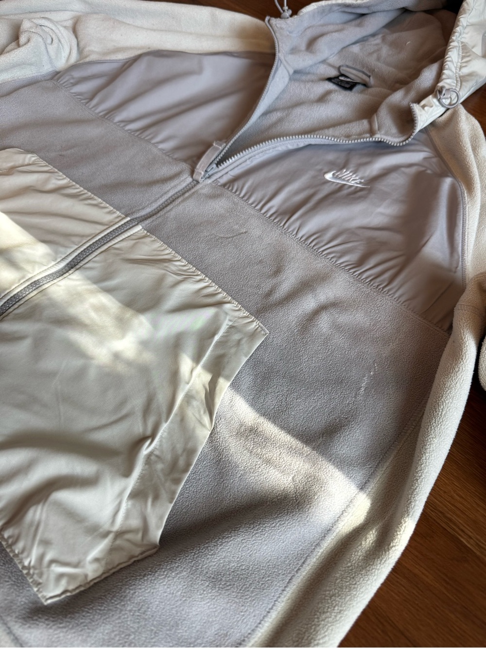 Nike Full-Zip Fleece / Nylon Hoodie Jacket - Cream / Light Grey